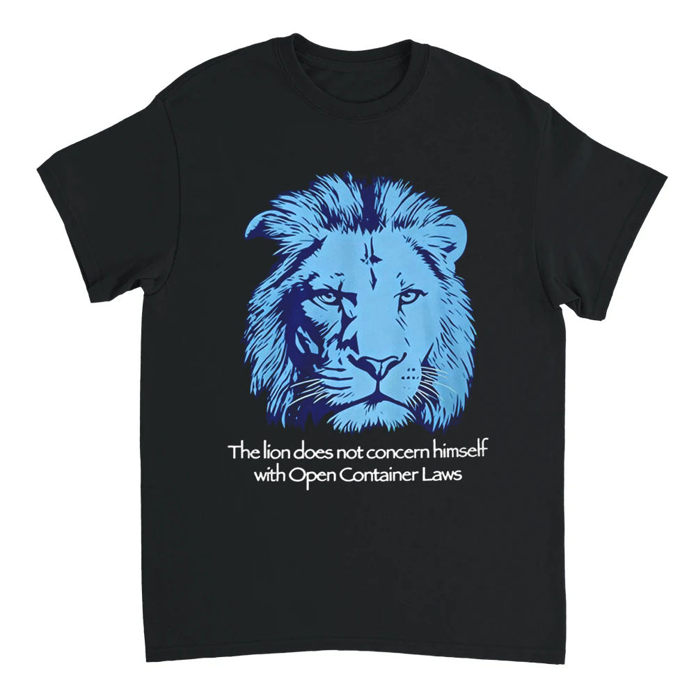 Black t-shirt with blue lion graphic and white text on a white background