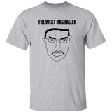 Gray t-shirt with a graphic of a face and 'The West Has Fallen' text on a white background