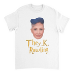 White t-shirt with a graphic of a person's face and 'They.K.Rowling' text on a white background