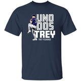 Navy blue t-shirt with a graphic of a baseball player and text on a white background