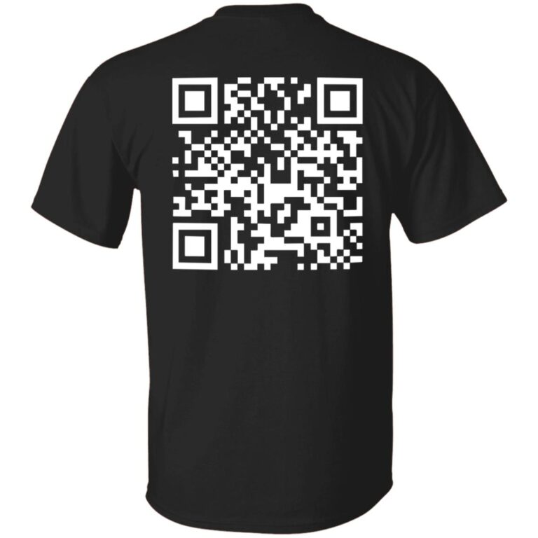 Black t-shirt with a white QR code on the back against a white background