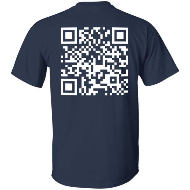 Navy blue t-shirt with a QR code on the back against a white background