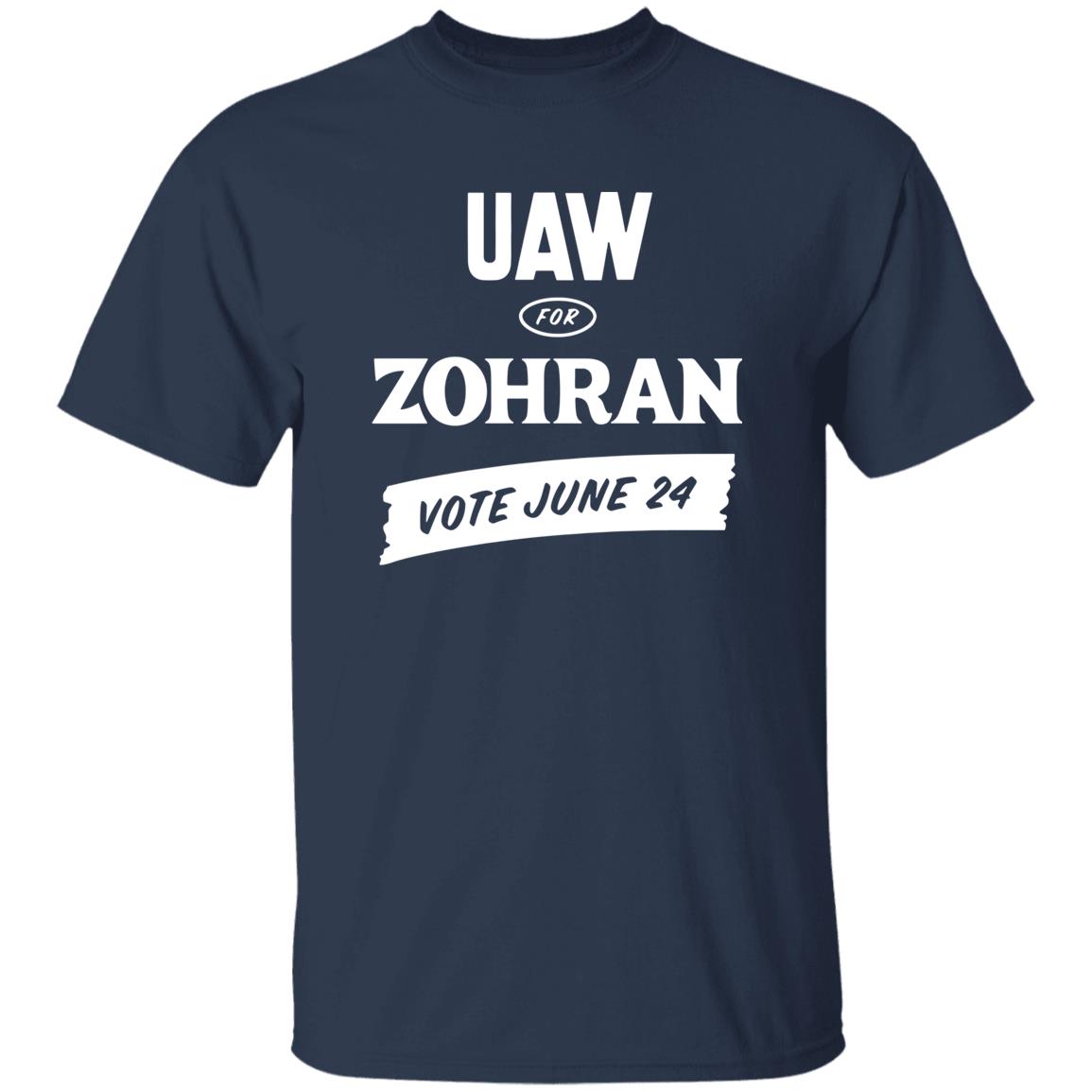 Navy blue t-shirt with white text 'UAW FOR ZOHran VOTE JUNE 24' on a white background