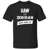 Black t-shirt with white text 'UAW FOR ZOHran VOTE JUNE 24' on a white background
