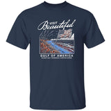 Navy blue t-shirt with a graphic design of a beach scene and American flag, featuring text 'Visit Beautiful Gulf of America'.