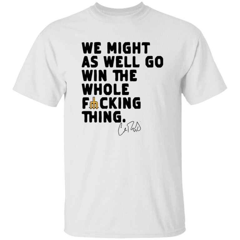 White t-shirt with black text and a small graphic on a white background