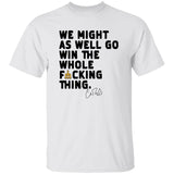 White t-shirt with black text and a small graphic on a white background