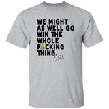 Gray t-shirt with black text and a signature on a white background