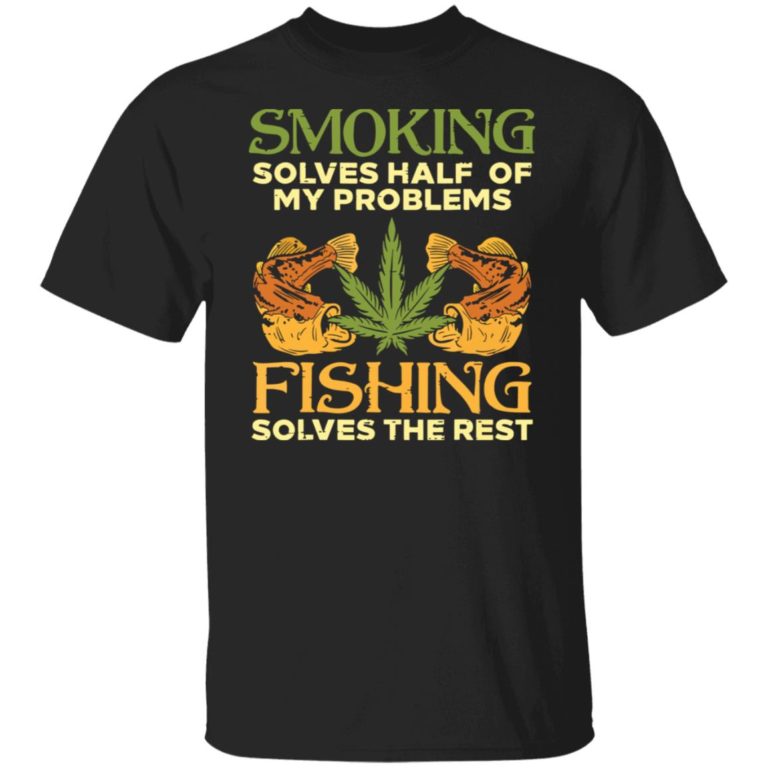 Black t-shirt with fishing and smoking graphic and text on a white background