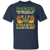 Navy blue t-shirt with fishing and cannabis-themed graphic and text on a white background