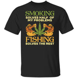 Black t-shirt with fishing and smoking graphic and text on a white background