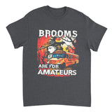 Gray t-shirt with a graphic design featuring a school bus and text on a white background