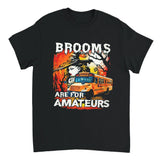 Black t-shirt with a graphic design of a school bus and text 'Brooms Are For Amateurs' on a white background.