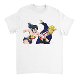 White t-shirt with graphic of a superhero and a character in a dynamic pose on a white background
