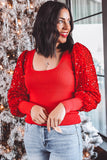Fiery Red Sequin Sleeve Patchwork Ribbing Knit Square Neck Holiday Sweater