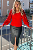 Fiery Red Sequin Sleeve Patchwork Ribbing Knit Square Neck Holiday Sweater