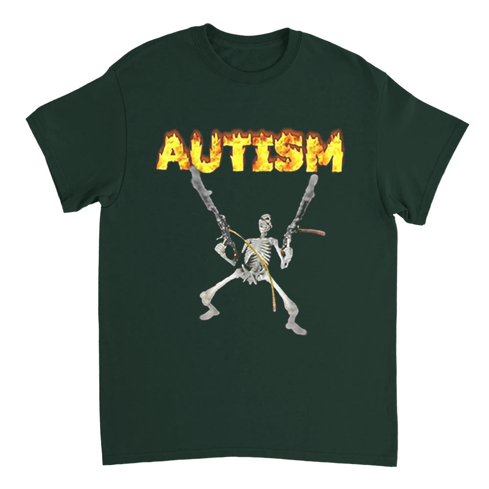 Dark green t-shirt with a skeleton holding flaming swords and 'AUTISM' text on a white background